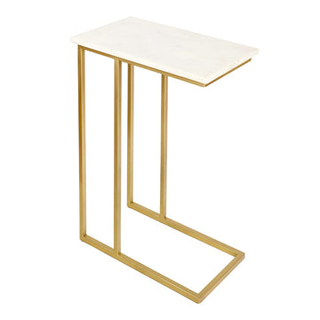 Caius 24.25" Designer Industrial Metal C-Shaped End Table and Side Couch Table with White Marble Top